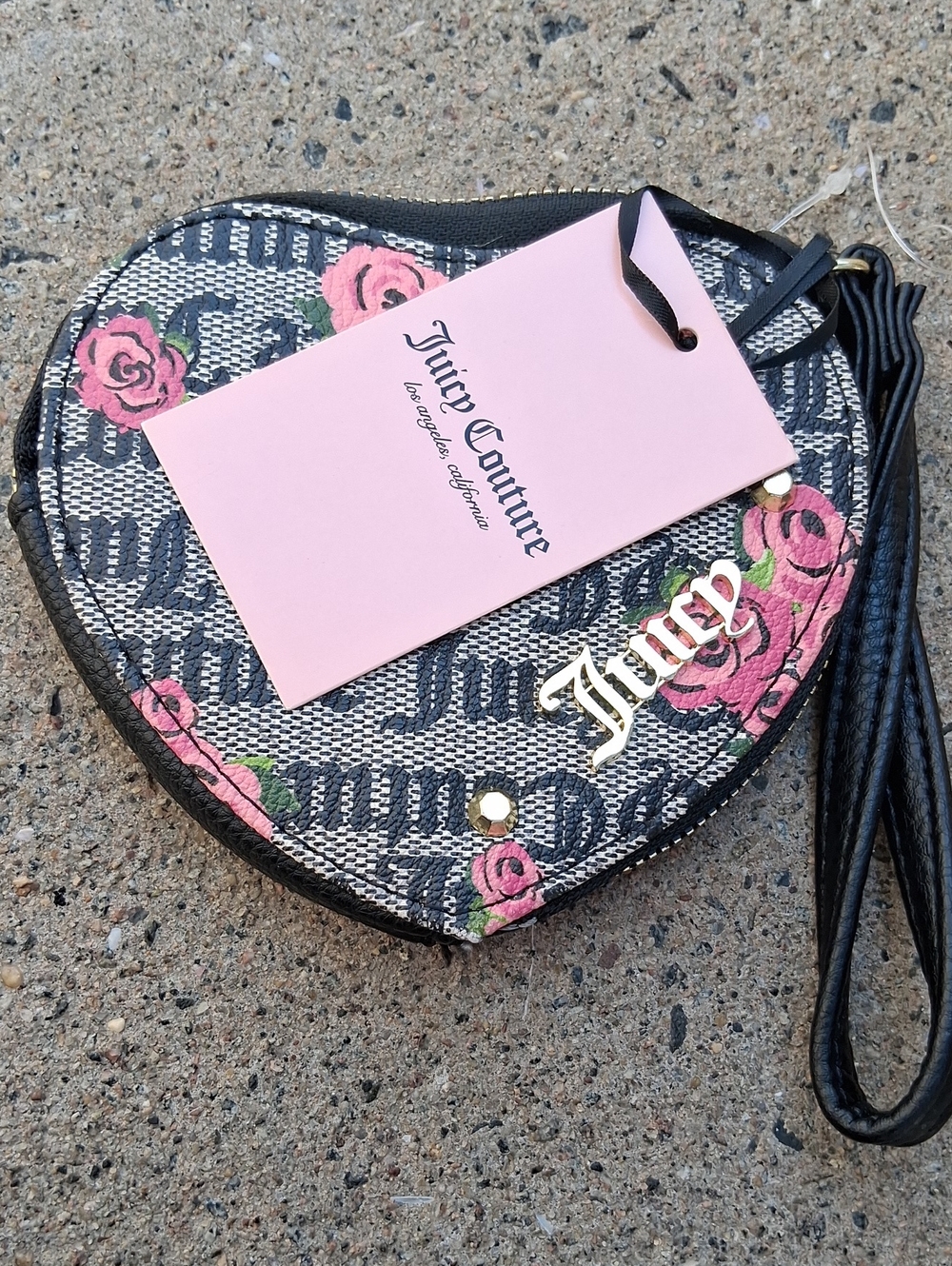 Juicy Couture Black Heart Wristlet with Pink Rose Print